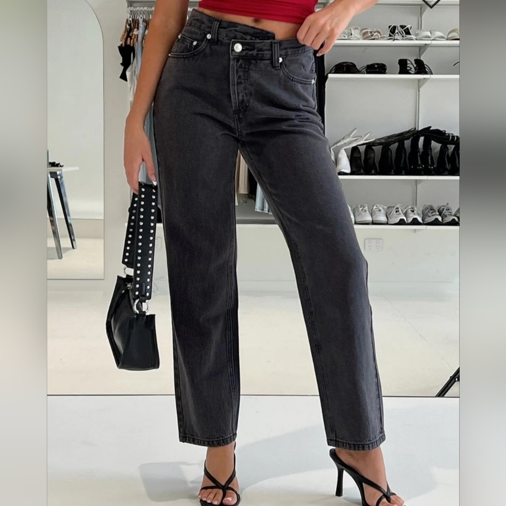 Holly asymmetric straight‎ leg jean black denim women's